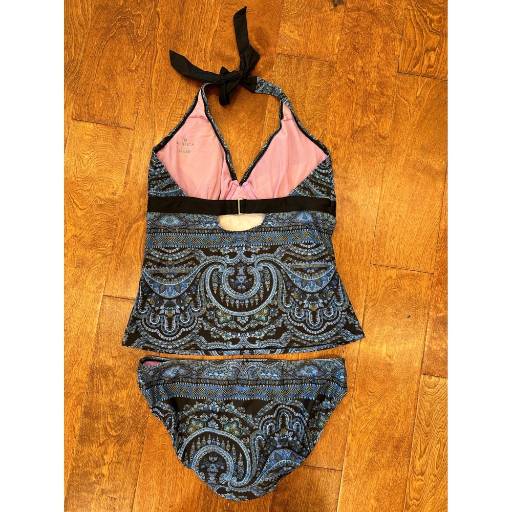 Athleta Tankini Swimsuit Two Piece Set 36 D/DD Large Blue Paisley Halter Mandala - Picture 3 of 16